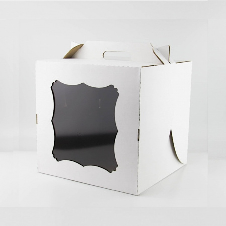 Коробка ручками и окном для торта 22*22*20 см Белая | упаковка 5-25 шт